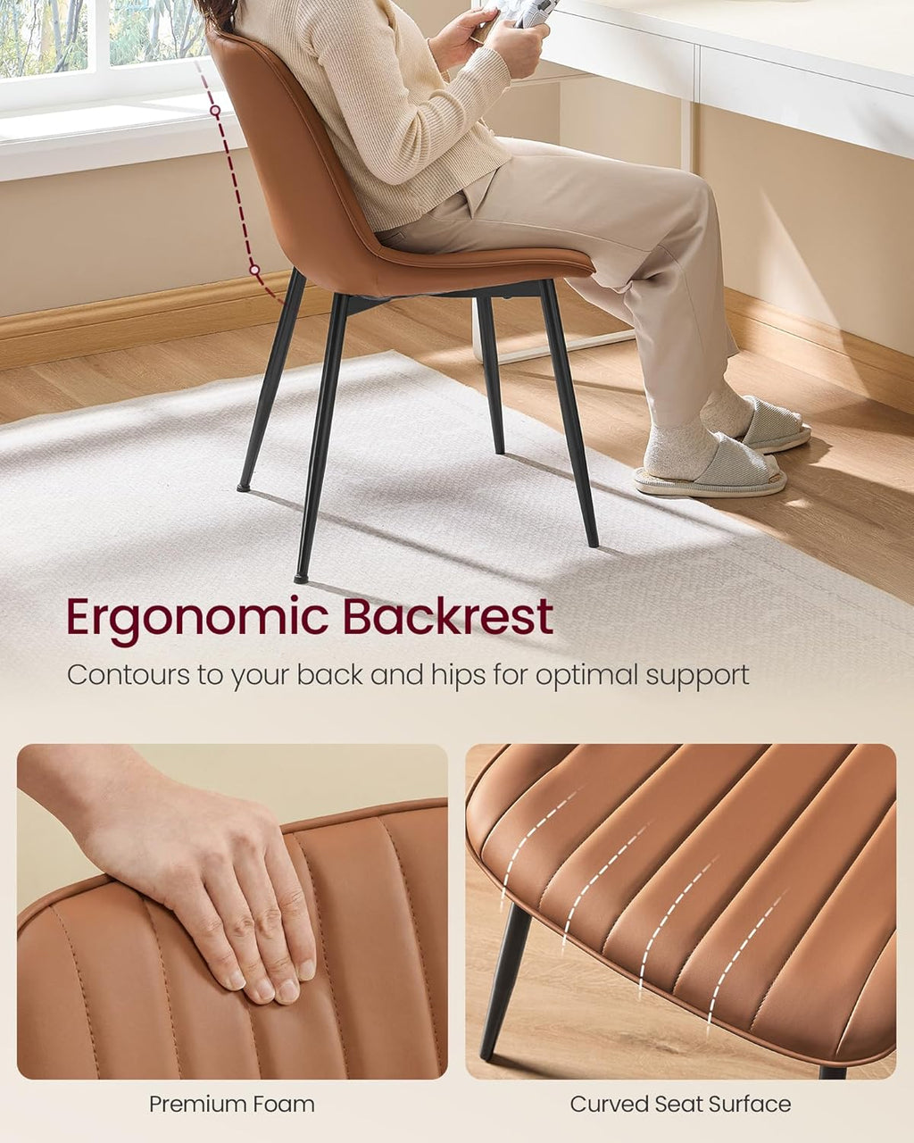 VASAGLE Dining Chairs Set of 4, Upholstered Kitchen Chairs, Synthetic Leather, Max. Load 264 lb, Steel Legs, Curved Backrest, for Dining Room, Caramel Brown and Ink Black ULDC090KN03-2J