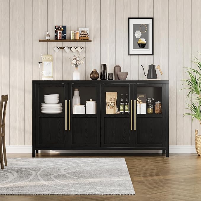 GarveeHome Sideboard Buffet Cabinet with 4 Glass Doors, 55" Buffet Table Coffee Bar Wine Bar Display Cabinet for Kitchen Dining Room, Living Room (Dark, Glass with 4 Doors)