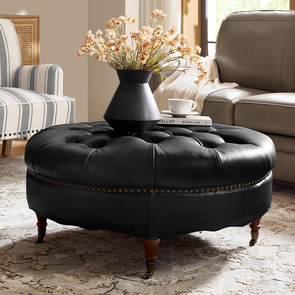 HULALA HOME 40" Genuine Leather Coffee Table, Large Round Button Tufted ...