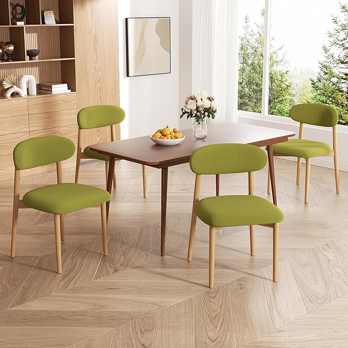 Wooden Dining Chair Set of 4, Modern Dining Chairs with with Curved Back, Fabric Upholstered Kitchen Dining Room Chairs with Adjustable Legs for Farmhouse Dining Living Room,Green