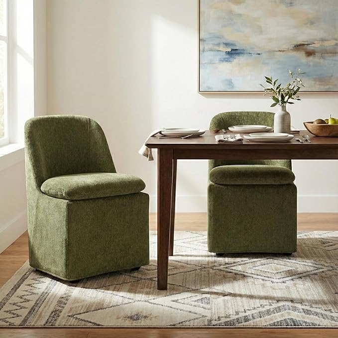 Upholstered Dining Chairs with Casters, Washable Cover Modern Dining Room Chairs with Thick Cushion & Sturdy Metal Frame for Kitchen, Living Room, Dressing Room, Green Fabric, Set of 2