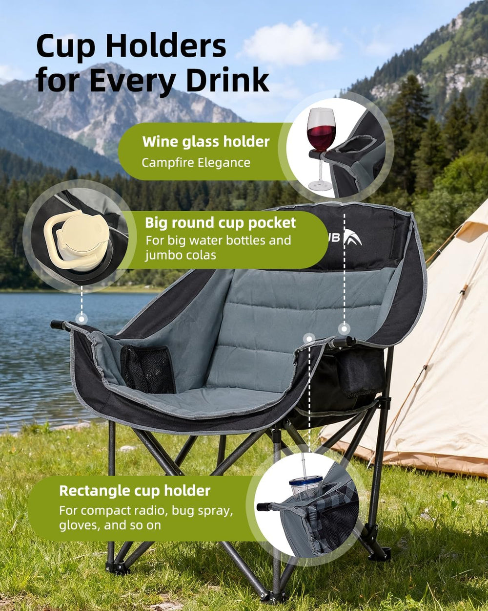 Abahub Camping Chairs Oversized Padded Heavy Duty Quad Foldable Portable Fold...