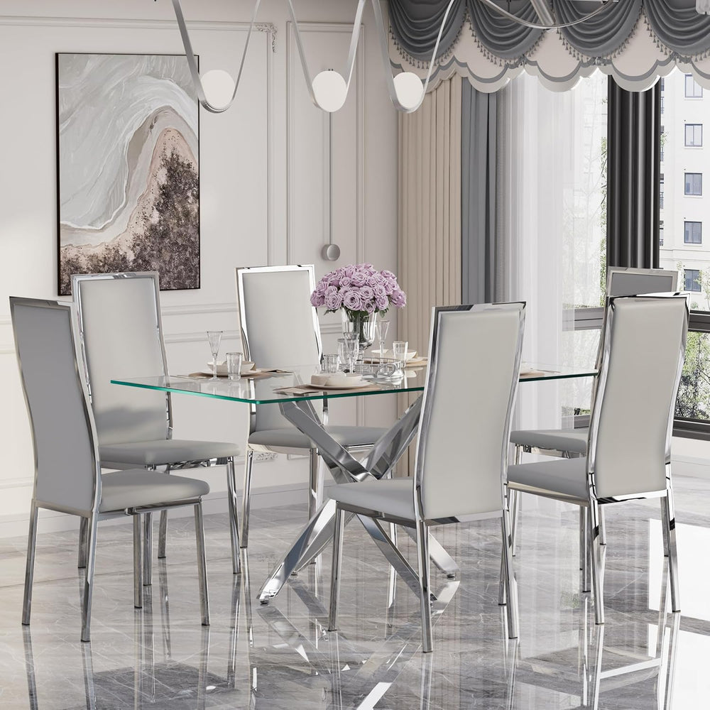 Modern Dining Chairs Set of 6 Grey Faux Leather with Chrome Silver Metal Legs...