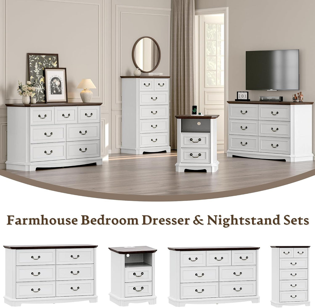 Xixini 18" Farmhouse 2-Drawer Wood Nightstand with Charging Station, White | Rustic Bedside Table with Vintage Metal Handles, Open Shelf, Spacious Storage, Sturdy Base Design, End Table for Bedroom