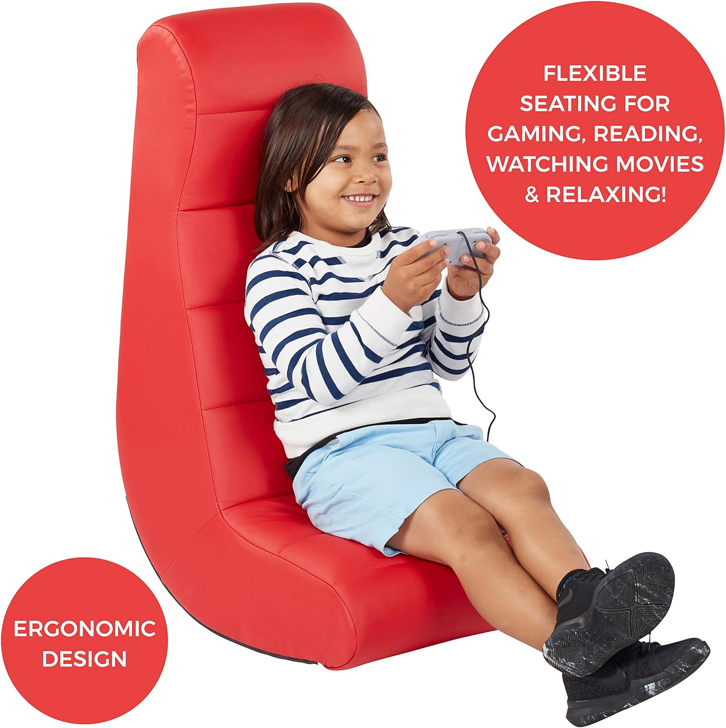 Factory Direct Partners Soft Ergonomic Horizontal Soft Floor Video Rocker - Cushioned Ground Chair Great for Reading, Gaming or Watching TV for Kids, Teens and Adults - Red, 10489-RD