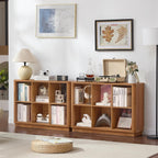 6 Cube Storage Organizer, 40" Wide Low Horizontal Book Shelf with Curved Edge, Floor Standing 2-Tier Wooden Bookshelf with Base, Modern Short Lattice Bookcase for Bedroom, Home Office, Brown