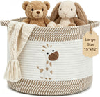 Baby Laundry Basket for Nursery, Large 15”x12” Giraffe Storage Baskets | Cotton Rope Kids Hamper Soft Foldable Bin with Cute Embroidered Animal Designs for Home Toys Organize