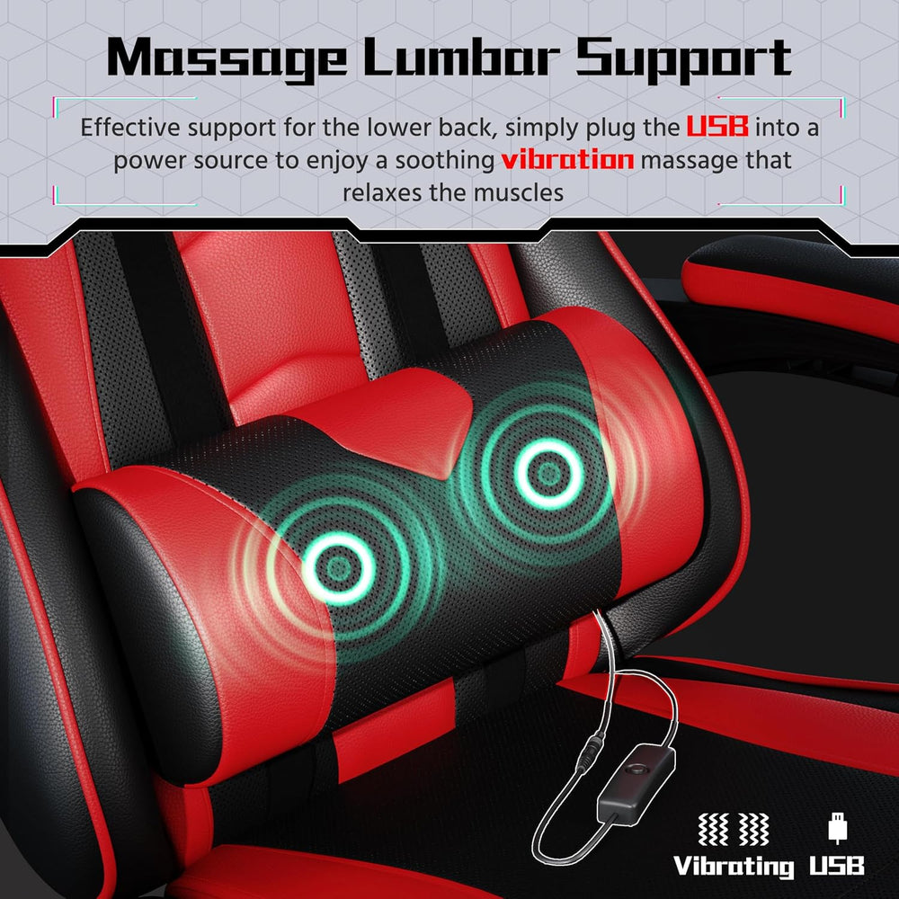 Yaheetech Gaming Chair with Massage Lumbar Pillow High Back Reclining Red | P...