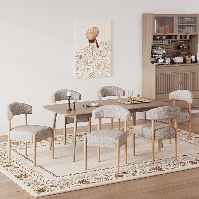 VKNOW Wooden Dining Chairs Set of 6, Modern Upholstered Dining Room Chairs with Rubberwood Legs and Curved Backrest, Fabric Kitchen Chairs for Farmhouse/Living Room/Dining Room, Brown