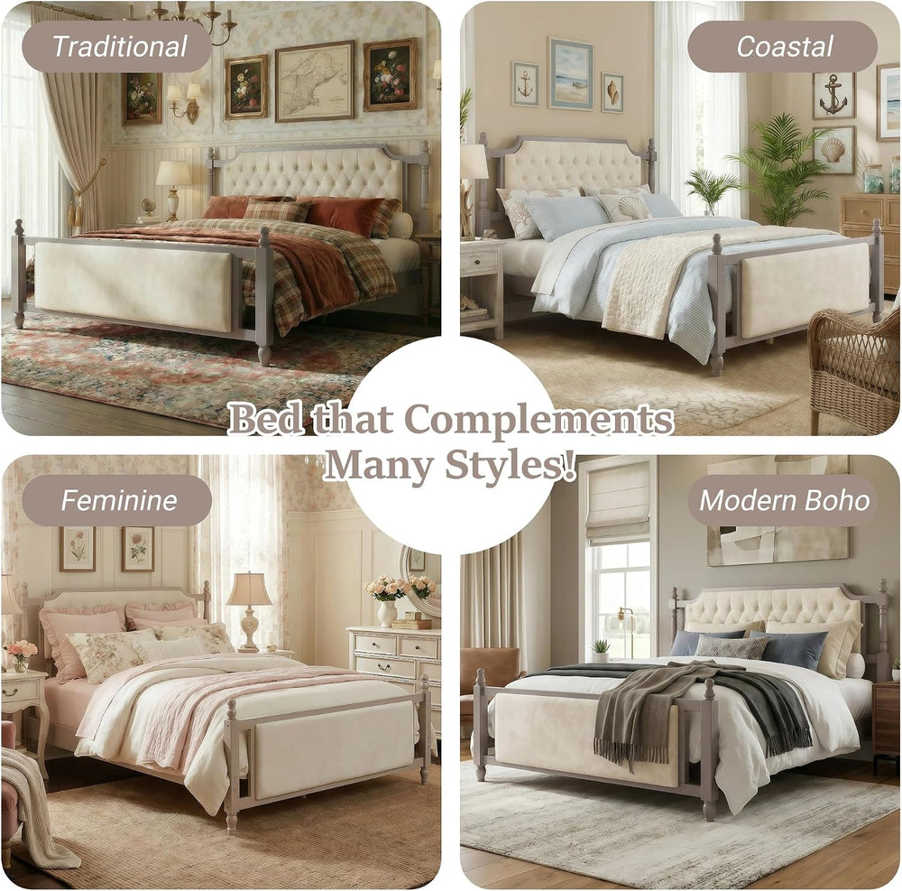 Peanu King Size Upholstered Platform Bed, Tufted Velvet Headboard, Solid Wood...