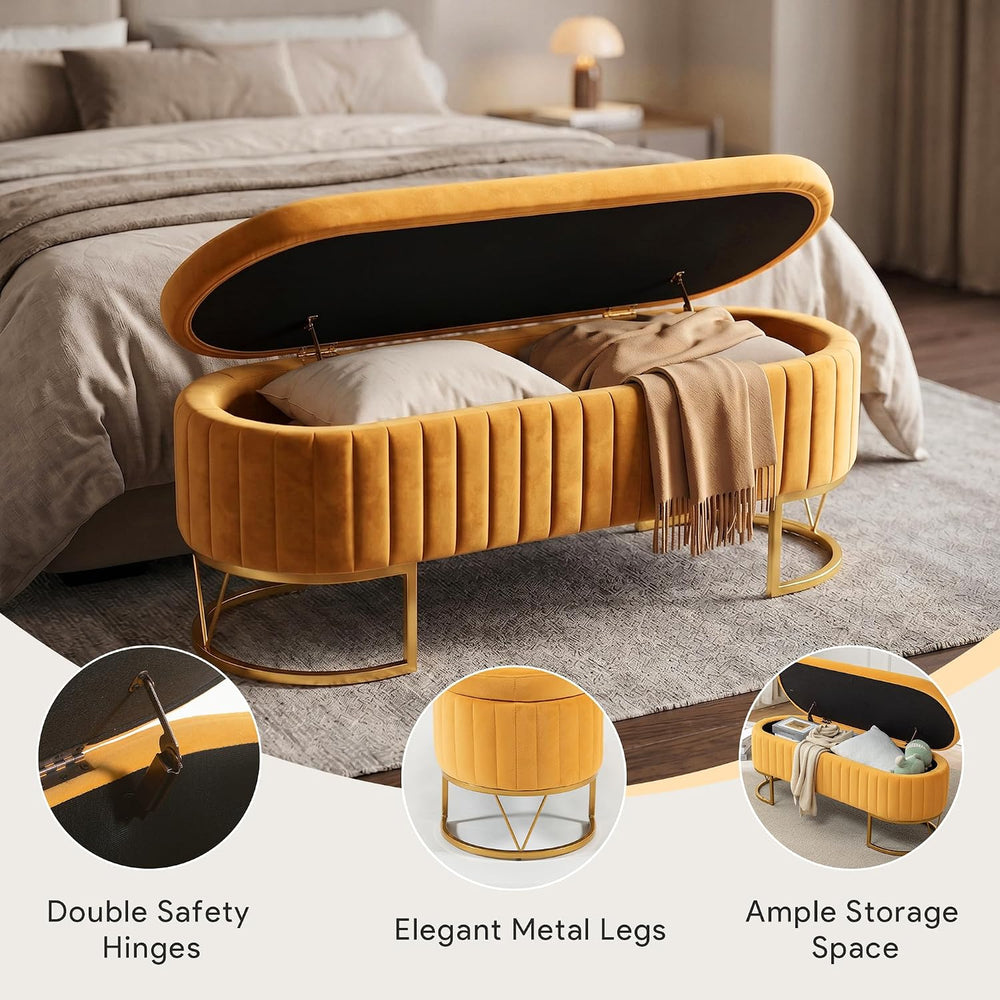 Storage Bench Bedroom Bench, Velvet Oval Upholstered End of Bed Bench with Go...