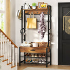 DKLGG Hall Tree with Bench and Shoe Storage for Entryway, 5-in-1 Coat Rack with Shoe Storage, Wood Look Accent Shoe and Coat Rack, Farmhouse Hall Tree with 12 Hooks for Mudroom, Bedroom, Living Room