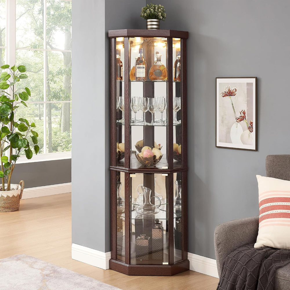 69" H Lighted Corner Curio Cabinet Display Case With Adjustable Shelves,...