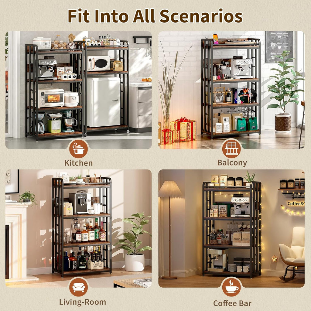 METYERRY Adjustable 4-Tier Heavy Duty Kitchen Baker's Rack with Power Outlet, with Industrial Wheels, Free Standing Microwave Oven Cart Stand for Storage in Living Room, Garage, Rustic Brown