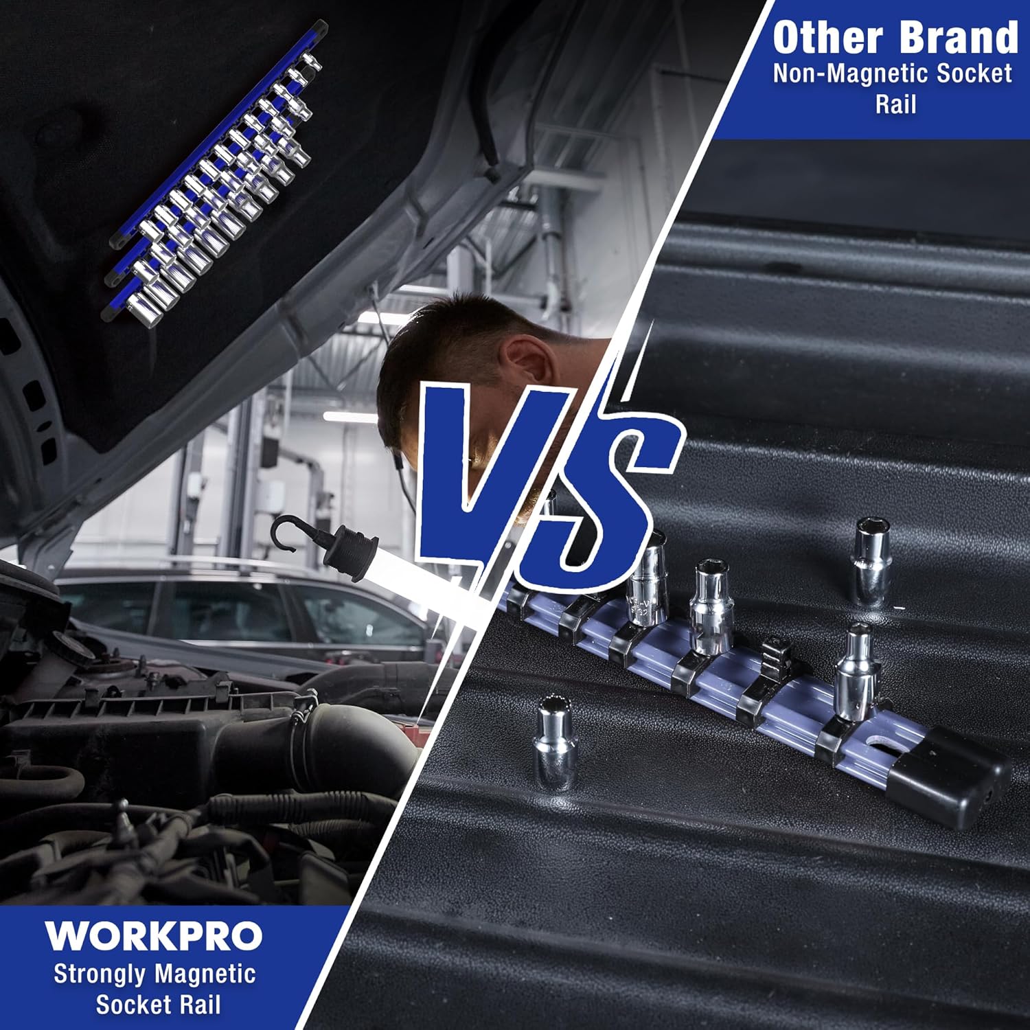 WORKPRO Magnetic Socket Organizer, 1/2-Inch Drive Aluminum Alloy Socket Rail, Heavy Duty Socket Holder, Socket Rack Kit 1/2-Inch x 10 Clips (Blue)
