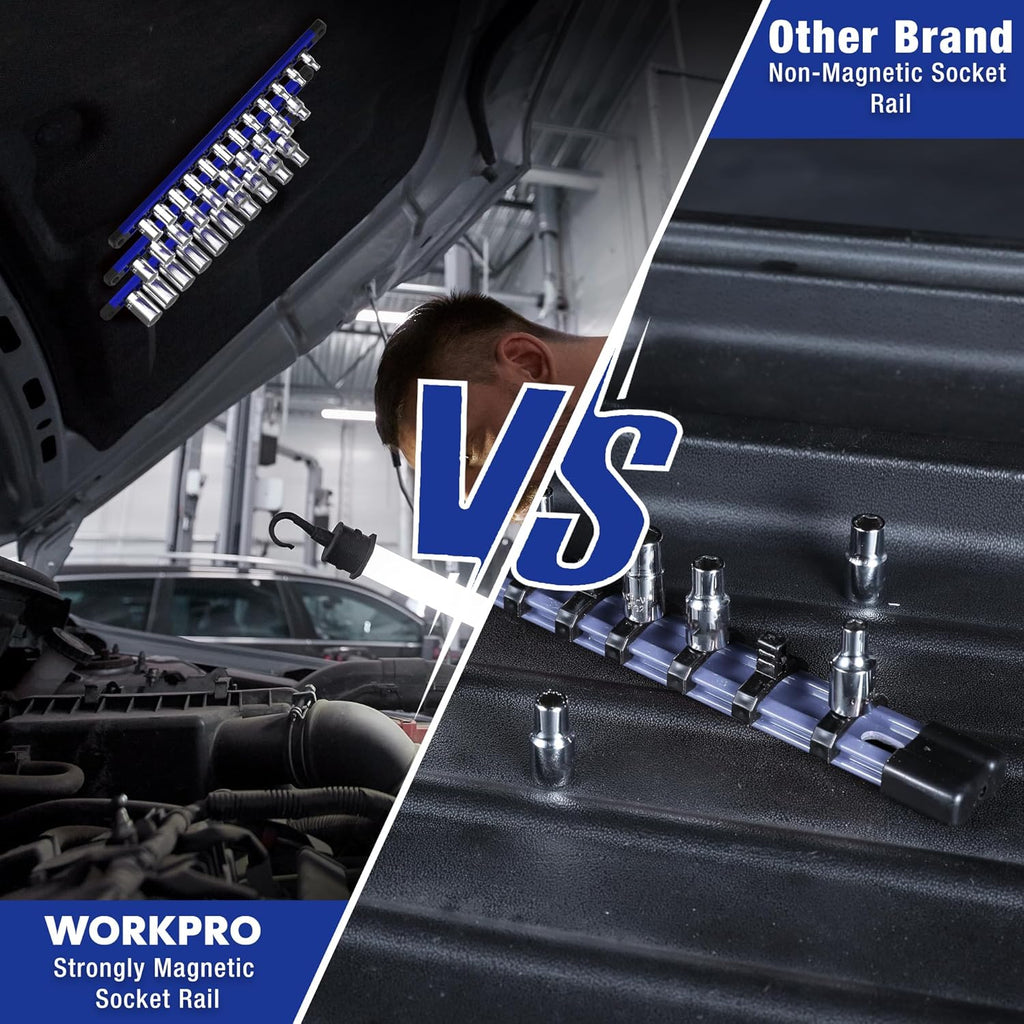 WORKPRO Magnetic Socket Organizer, 3/8-Inch Drive Aluminum Alloy Socket Rail, Heavy Duty Socket Holder, Socket Rack Kit 3/8-Inch x 10 Clips (Blue)