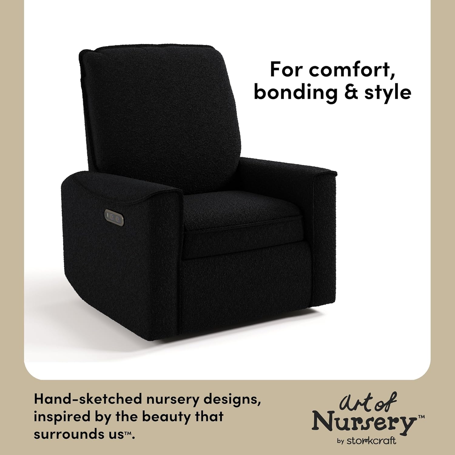 Storkcraft Santos Deluxe Power Recliner Swivel Glider, Black Boucle | Premium Electronic Power Recliner for Nursery, Includes Dual-USB Charging Port with USB-A & USB-C, Glider Rocking Chair