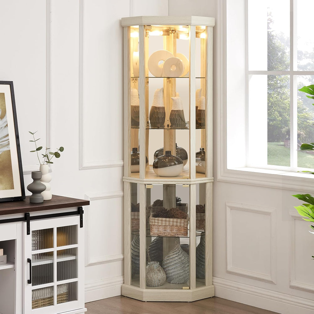 Corner Curio Cabinet, 70" H Lighted Glass Display Cage with Tempered Gla...