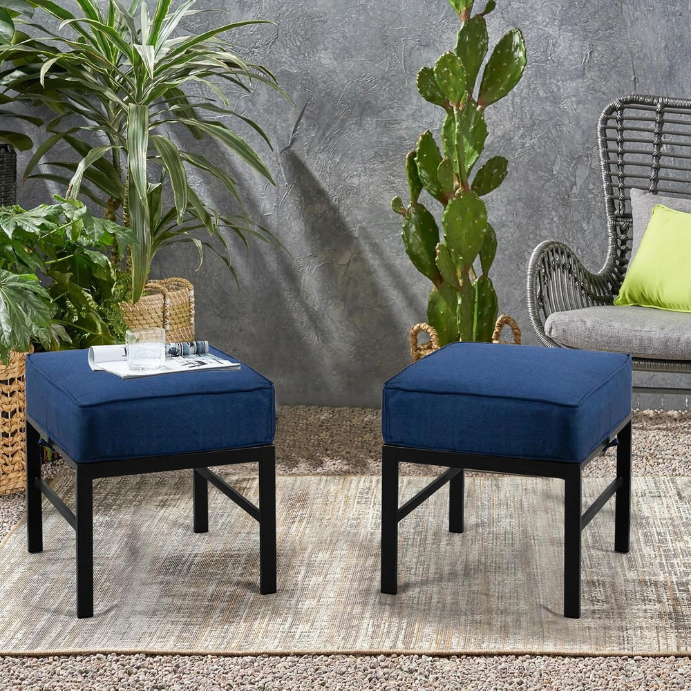 2 Pieces Outdoor Patio Ottomans, Assembled Metal Outdoor Ottoman with Blue Cu...