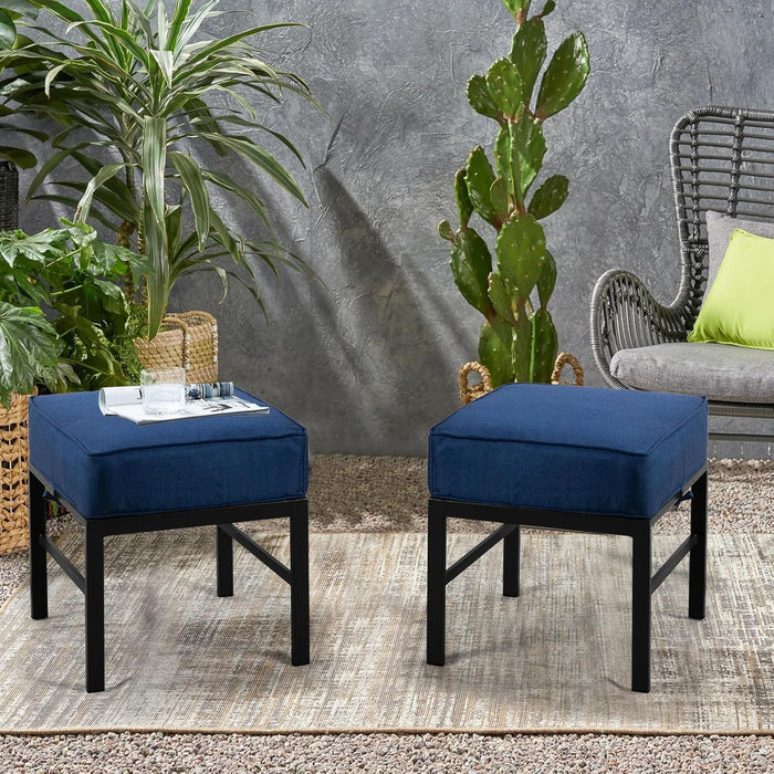 2 Pieces Outdoor Patio Ottomans, Assembled Metal Outdoor Ottoman with Blue Cushions, Metal Small Outdoor Foot Stools for Patio Porch Yard Garden Deck, Black Frame