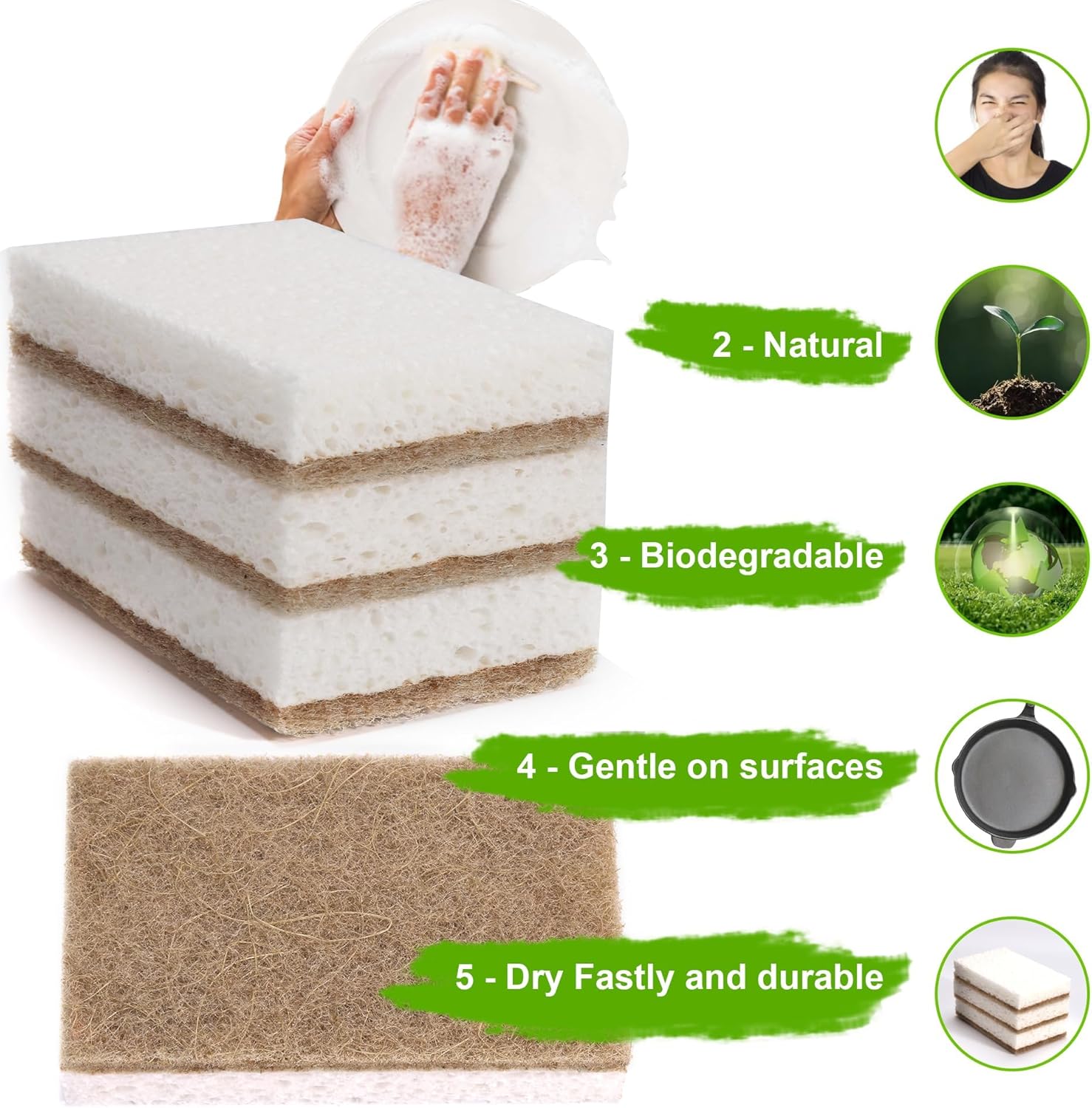 Natural Dish Sponges 16 Pack - Biodegradable Sponge Kitchen Compostable Cellulose Coconut Scrubber - No Scratch Cleaning Sponges