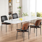 Dining Chairs Set of 8, Mid-Century Modern Upholstered PU Leather Chairs with Walnut Bentwood Back and Metal Legs Adjustable Feet for Kitchen Dining Room, Black Shell Strips