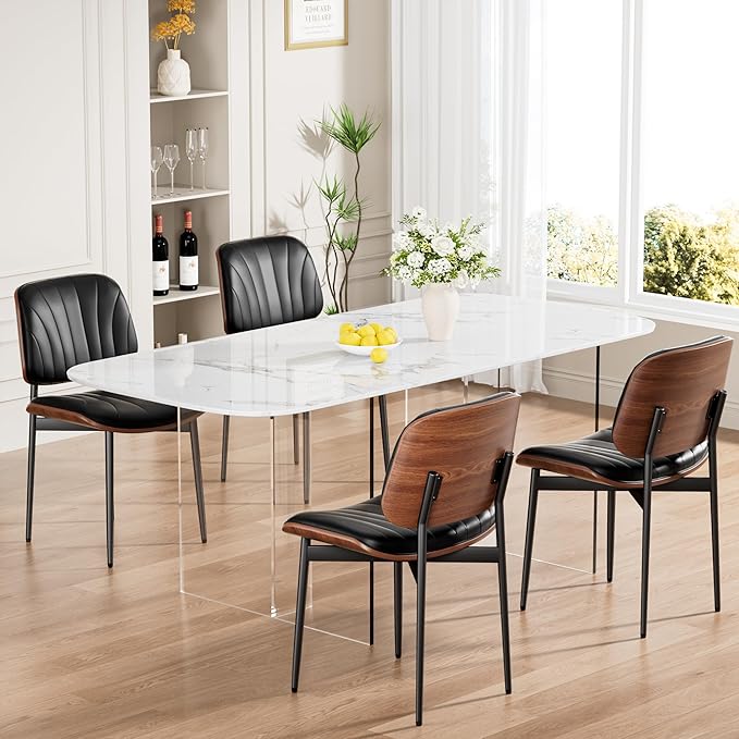 Dining Chairs Set of 8, Mid-Century Modern Upholstered PU Leather Chairs with Walnut Bentwood Back and Metal Legs Adjustable Feet for Kitchen Dining Room, Black Shell Strips