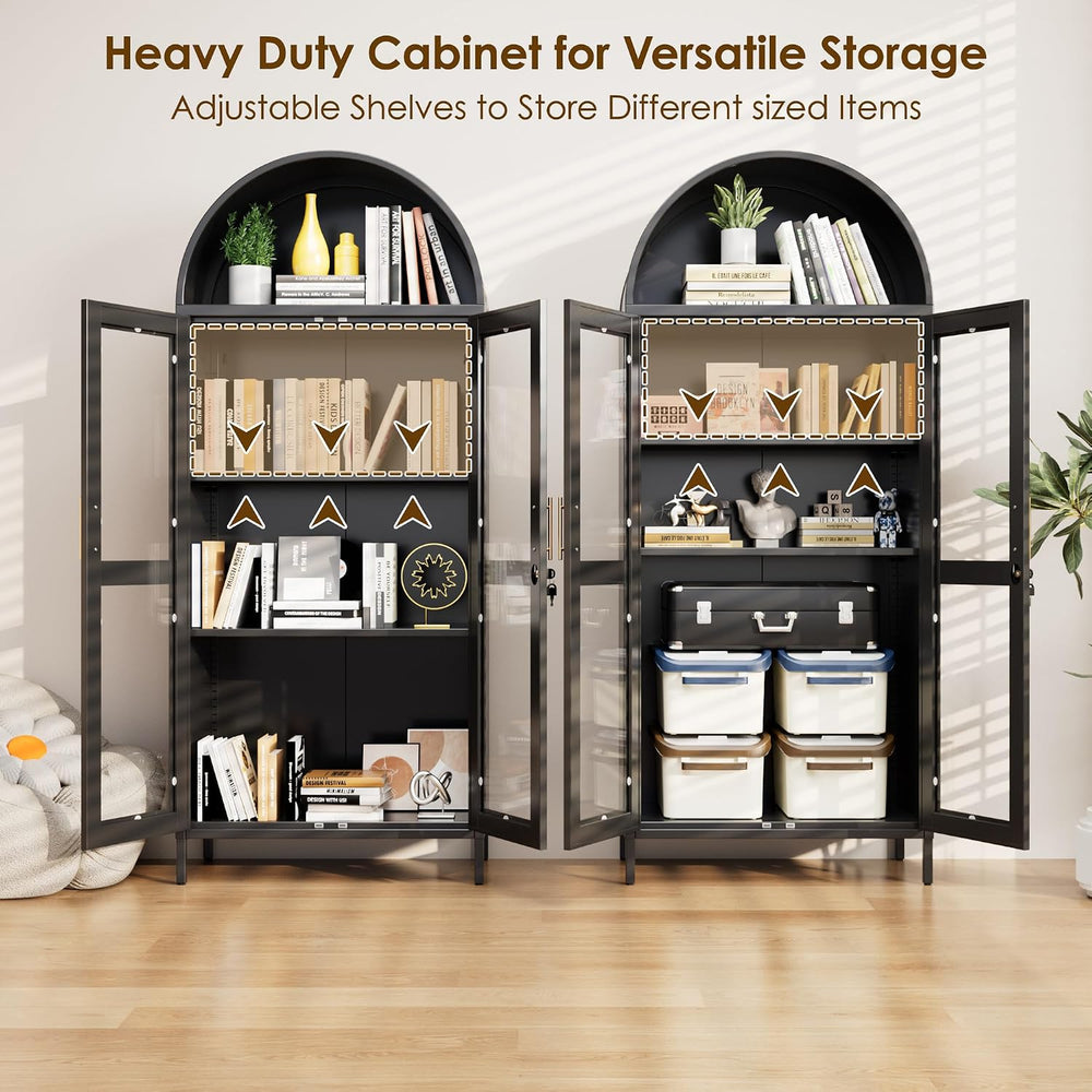 72.8" Tall Display Cabinet with Glass Doors, Metal Arched Cabinet with 2...