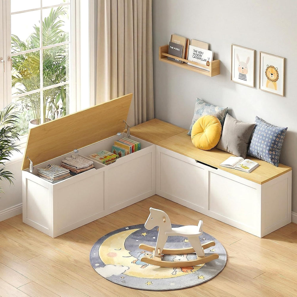 Zevemomo 63" L Shaped Storage Bench, White Breakfast Nook Benches, Corne...