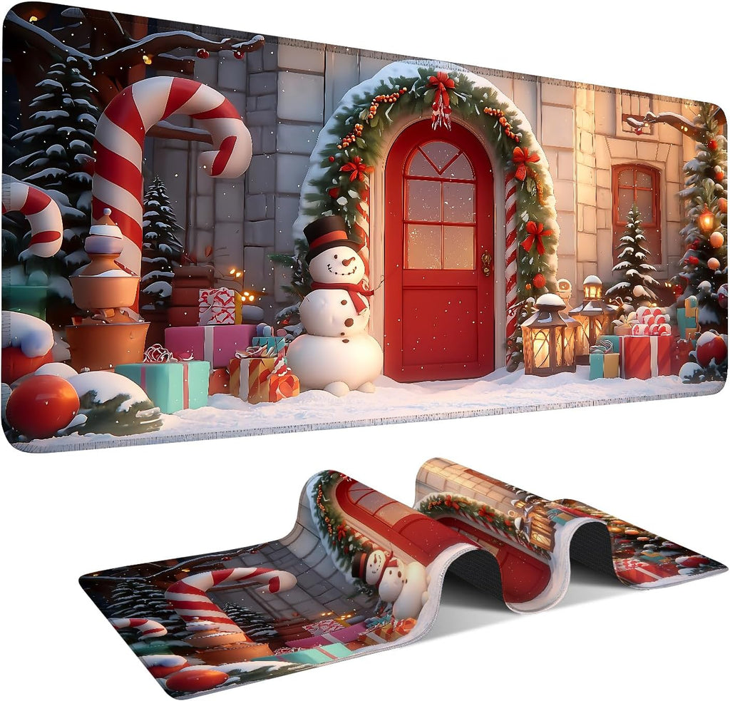 Christmas Scene Gaming Mouse Pad 35.4"x15.7"Desk Mat Anti-Slip Rubber Base & Durable Stitched Edges for Gamers Smooth Mouse Writing Surface for Desk Office/Home