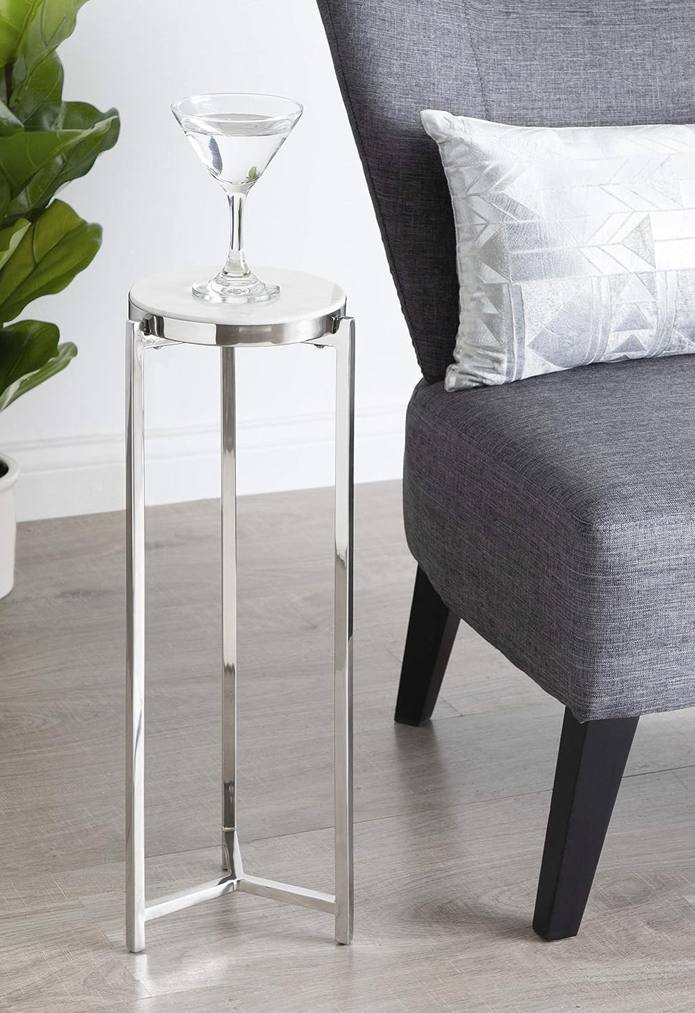 Kate and Laurel Aguilar Glam Round Drink Table, 8 x 8 x 23, Silver and White,...