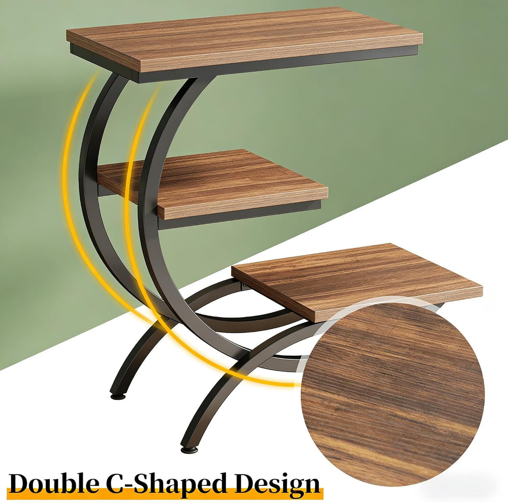 C-Shaped End Table, Narrow End Table with 3 Storage Shelves, 3-Tier Small Sid...