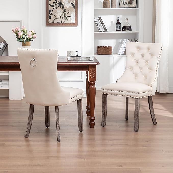 Mid Century Modern Dining Chair Set of 2 Velvet Upholstered Dining Accent Chair Farmhouse Dining Chairs with High Back and Nailhead Trim for Kitchen, Living Room, Bedroom (Beige)