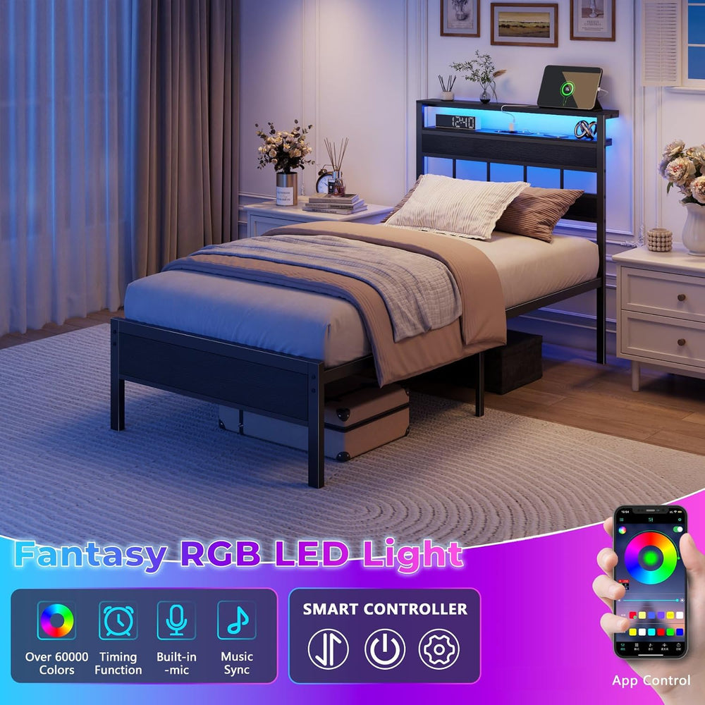 Twin Bed Frames with Charging Station and LED Lights, Black Oak