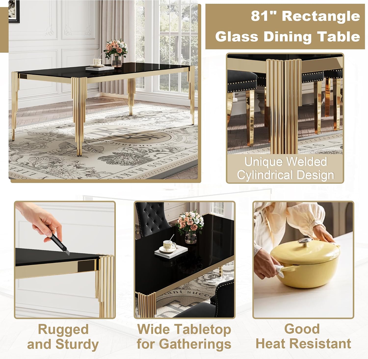 9 Piece Glass Dining Table Set for 8, 81" Rectangle Kitchen Table with 8 Black Velvet Upholstered Chairs, Tempered Glass Tabletop with Stainless Steel Legs, for Kitchen and Dining Room, Gold Black
