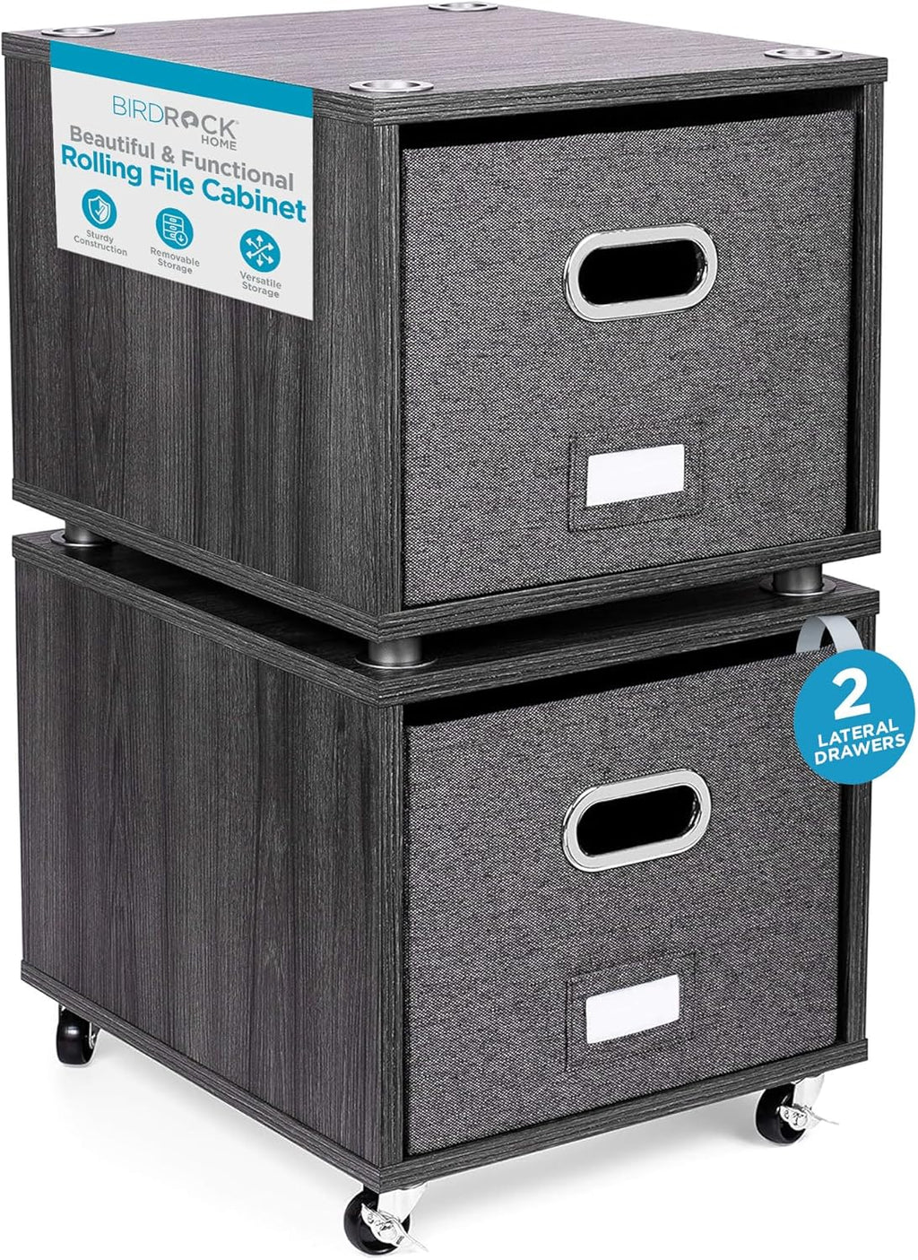 BIRDROCK HOME Rolling File Cabinet – Decorative Storage Shelf w/Removable Bins, Handles, and Wheels – Organize Files, Books, Toys, Under Desk Office Solution, Modern Design - 2 Lateral Drawers, Gray