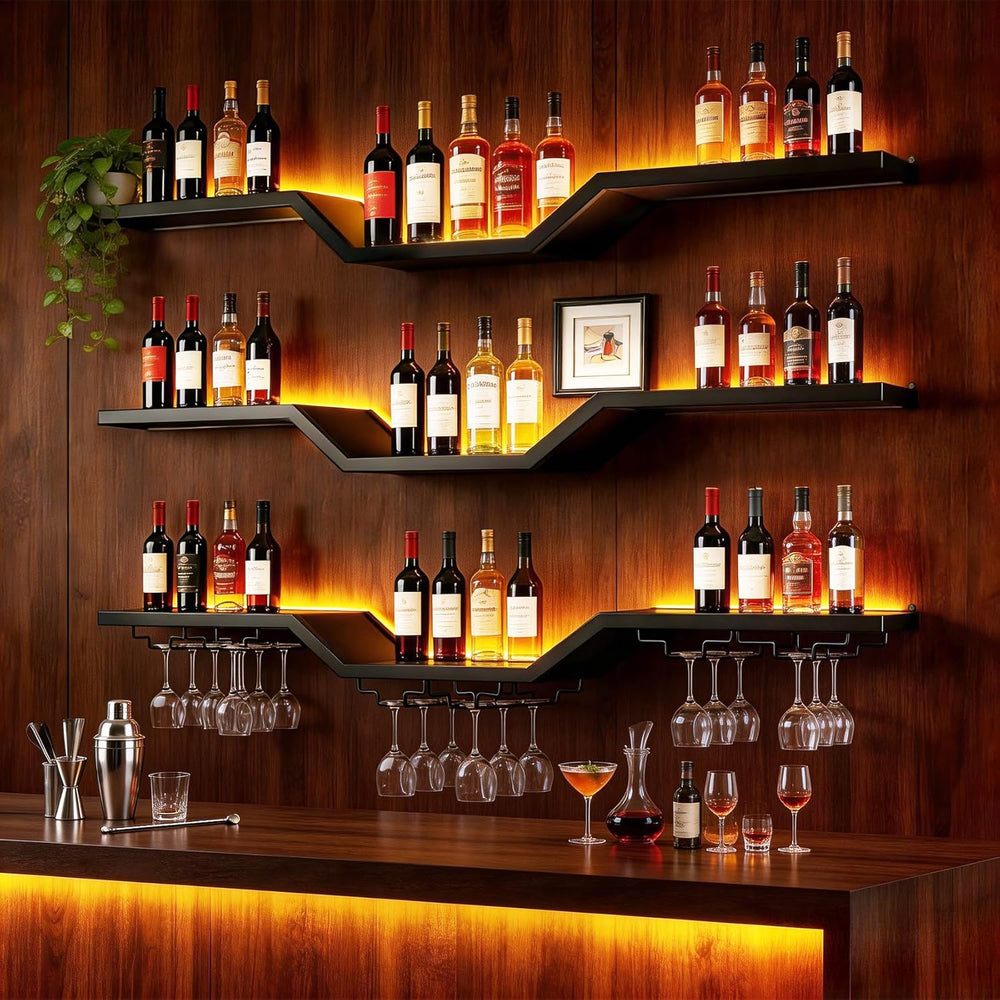 39.4" LED Modern Wall Mounted Wine Rack, 3-Tier Floating Bar Shelves | G...