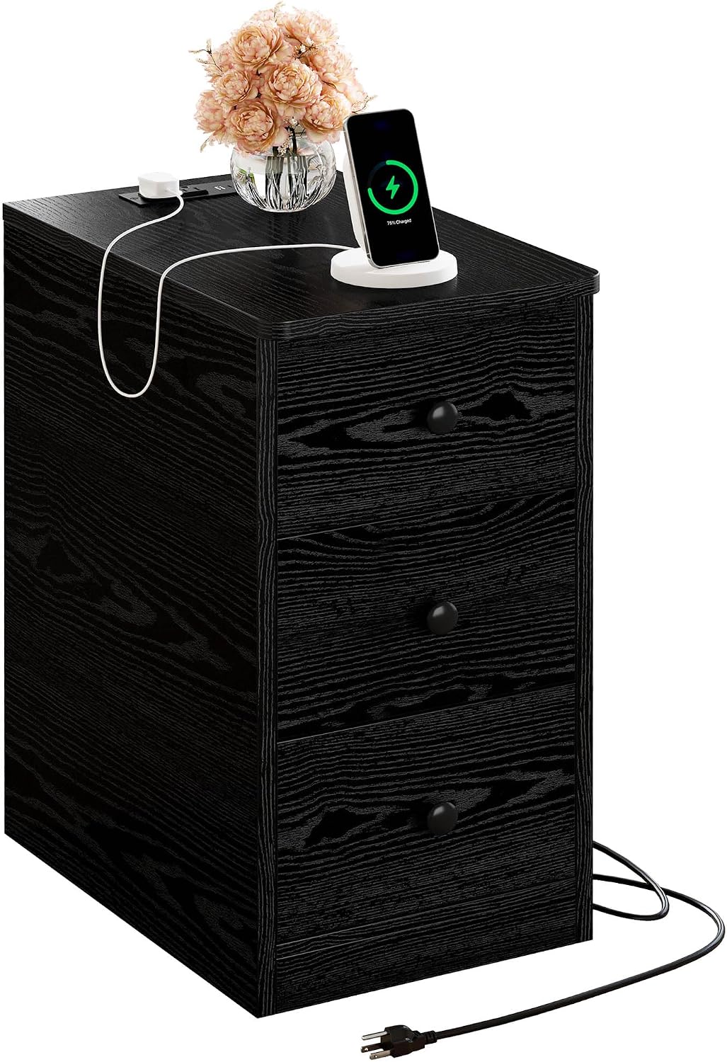 LIKIMIO Nightstand with Charging Station, 3 Drawers Modern for Bedroom