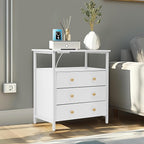 3 Wooden Drawers Nightstand, 27 Inch Wide Night Stand Set 2 with Charging Station and Adjustable Drawers, Bedside Table for Living Room/Bedroom/Office, White.
