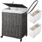 Greenstell Laundry Hamper with Wheels, No Install Needed, 90L Divided Handwoven Hampers & 2 Removable Liner Bags, Rattan Clothes Laundry Basket with Lid & Handles, Foldable Hampers Gray 18x13x26.4 In