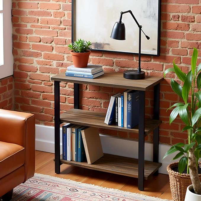 Pomona 3-Tier Bookcase with 2 Lower Shelves – 30" Tall Rustic Industrial Under-Window Bookshelf with Solid Wood and Metal Frame for Living Room, Bedroom, or Home Office by Alaterre Furniture