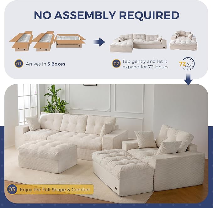 MAXYOYO Sectional Sofa Couch and Chaise Lounge, L Shaped Modern Cloud Couch with Ottoman, Comfy Sofa with Layered Cushion, Tufted Upholstered Sleeper Chair for Living Room, No Assembly Required, Beige