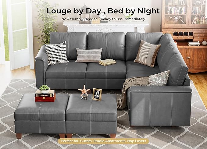 SITJOY 118" Faux Leather Modular Sectional Sofa with Storage, Mid Century Modern Sectional Couches for Living Room, Soft Padded Armrests, 7 Seat L Shaped Couch with Ottoman, Gray