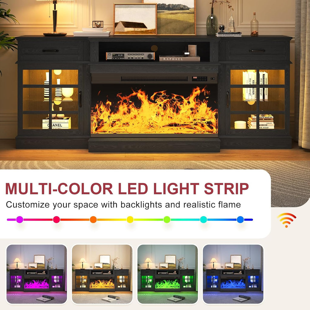 oneinmil 80" Fireplace TV Stand with 3-Sided Glass Fireplace, Modern Wood Entertainment Center with LED Lights and Glass Door, 36" Fire Place TV Stands for Living Room, Black