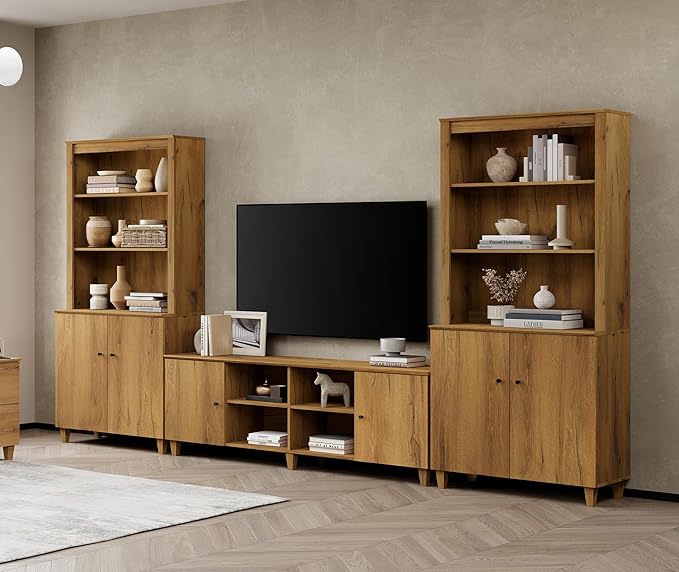 WAMPAT Modern TV Stand and Bookcase Set, Mid-Century Entertainment Center with Bookshelves and Cabinets for 75" TVs, Wood Media TV Console w/Adjustable Shelves for Living Room Bedroom, Oak Brown