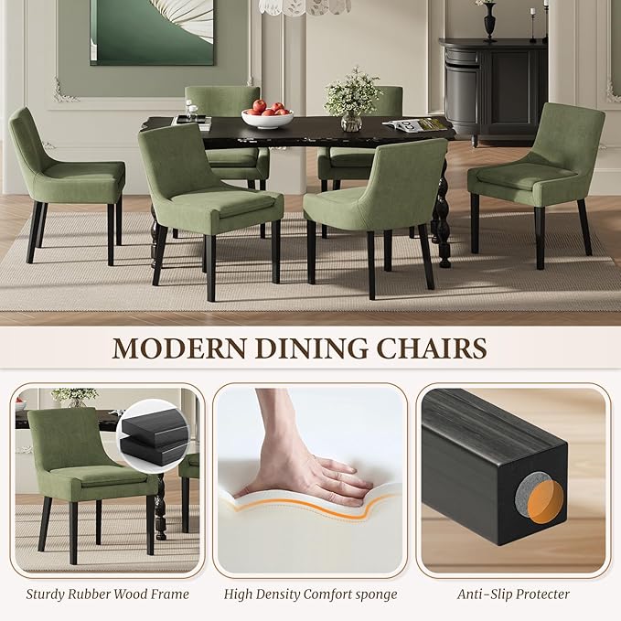 Dining Chairs Set of 2, Upholstered Corduroy Dining Room Chair with Wood Legs, Mid-Back Padded Kitchen Side Chairs for Dining Room, Green