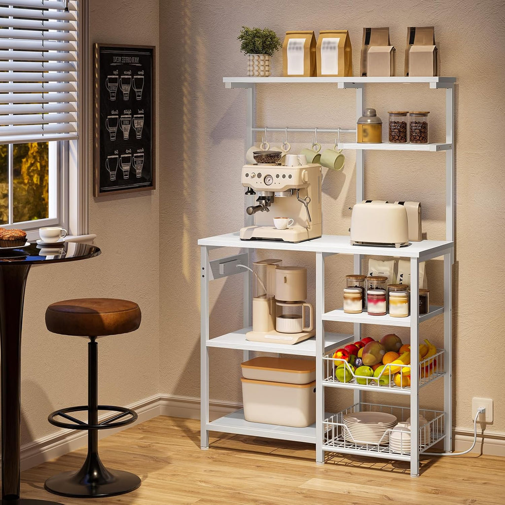 HOOBRO Large Bakers Rack with Power Outlets, 6-Tier Microwave Stand with 4 Hooks, Coffee Bar, Kitchen Shelf with Wire Basket, for Kitchen, Living Room, Office, White WW64UHB01
