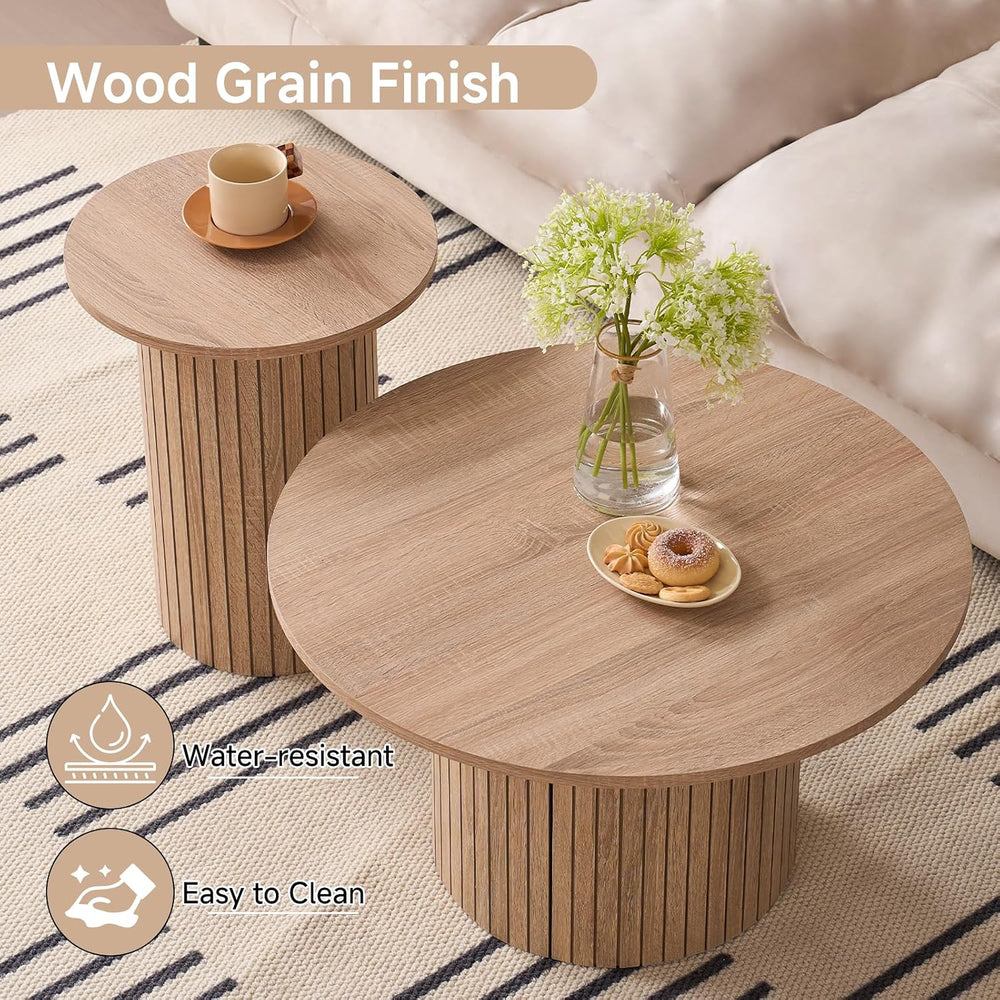 Round Nesting Coffee Tables Set of 2, Mid Century Modern Small Wood Side Tabl...