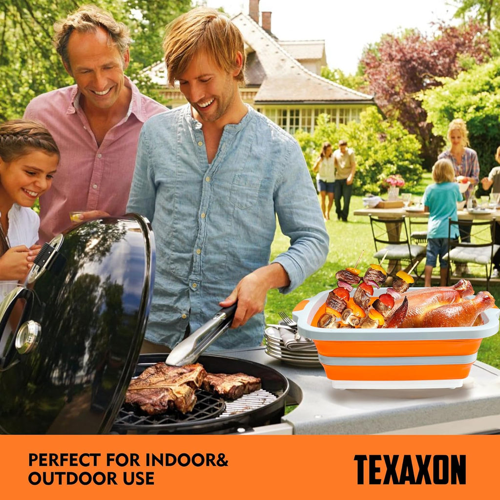 8L/16L BBQ Prep Tub with Cutting Board, Lid & Complimentary Mitts/Gloves – Collapsible Bucket for BBQ, Marinade, Picnic, Camping, Meat Prep – Orange/Black (Orange, X-Large)