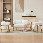 Loveseat Sofa and 2 Modern Accent Chairs no Wheels, Living Room Side Chairs with Golden Metal Legs, Barrel Soft TeddyUpholstered Reading Armchairs for OfficeStudyReception RoomBedroomLounge,White